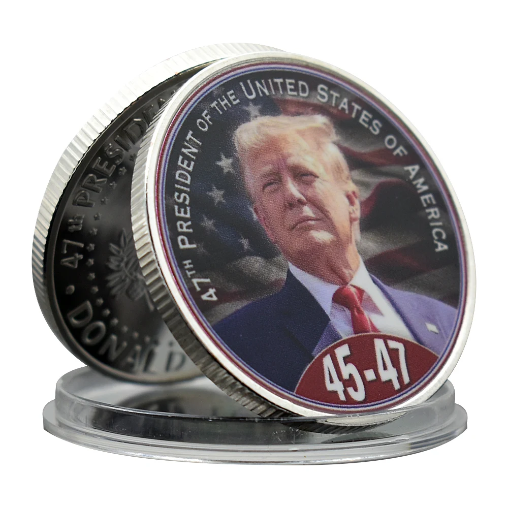 2024 47th US President Donald Trump Silver Plated Challenge Coin 45th To 47th Metal Medal with Plastic Case Art Craft