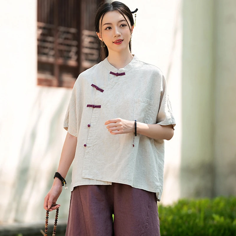 

Chinese Style Women Cotton Linen Casual Shirt New Arrival 2025 Summer Vintage Stand Collar Loose Female Tops Shirts M1845