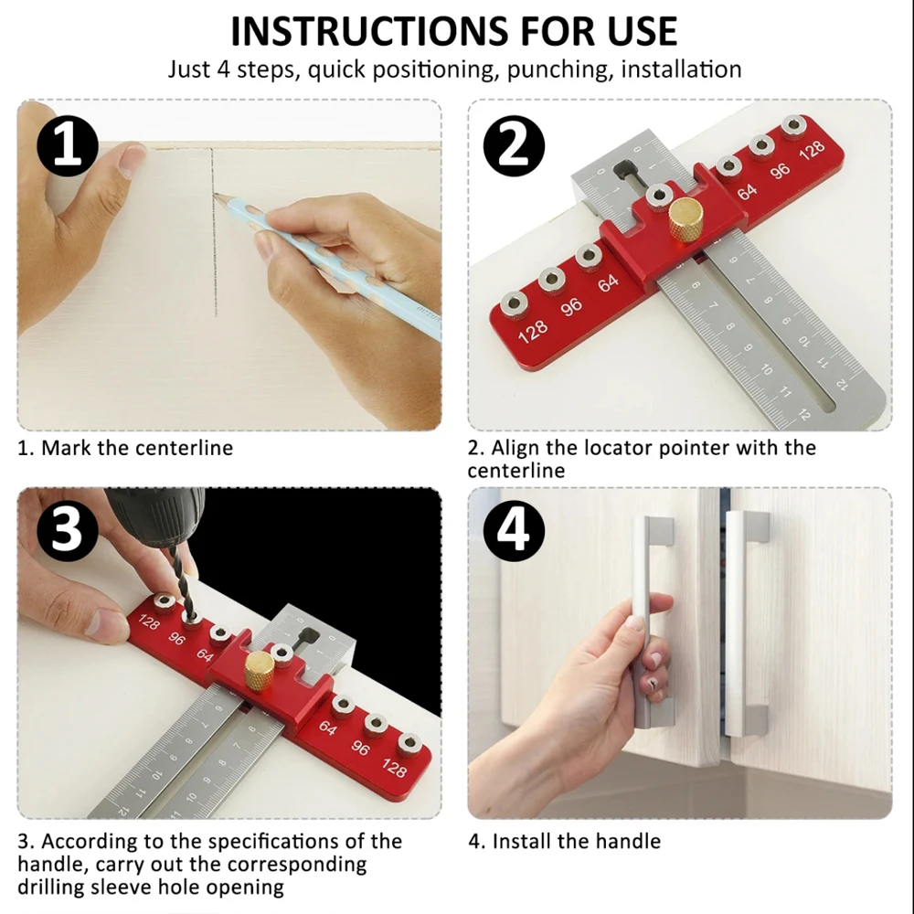 Cabinet Hardware Jig Kit Woodworking Drawer Door Handle Jig Adjustable Drill Guide Mounting Tool for Knobs Handles Pulls