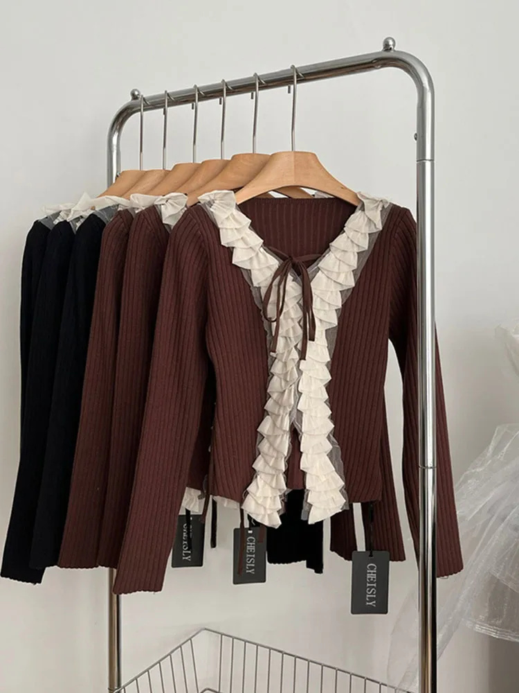 French Elegance Fashion Simple Ruffle Knitted Sweater Daily V-Neck Long Sleeve Chic Pullovers Lace Up Autumn Winter Streetwear