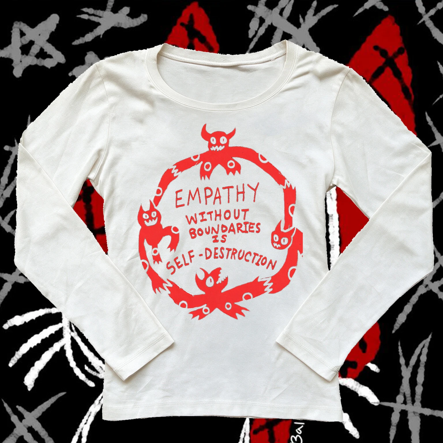 Women Long Sleeve T-Shirt Empathy Without Boundaries Demon Circle Letter Print Tee Weirdcore Goth Y2K Alt Aesthetic Slim Fit Cas