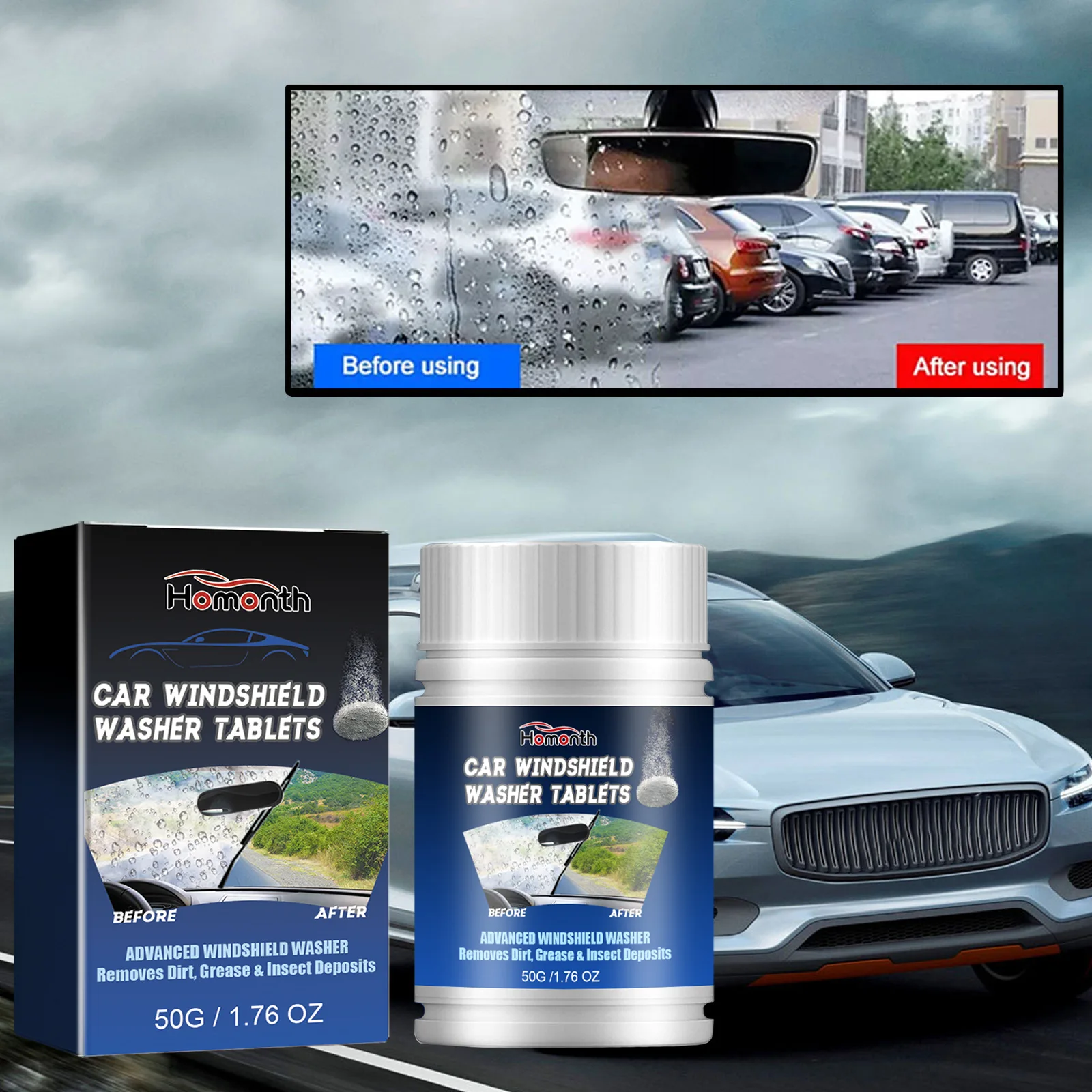 

Windshield Stain & Fog Cleaner Tablets - Multi-Purpose Car Glass Care, Enhances Transparency, Ensures Clear Vision & Safety