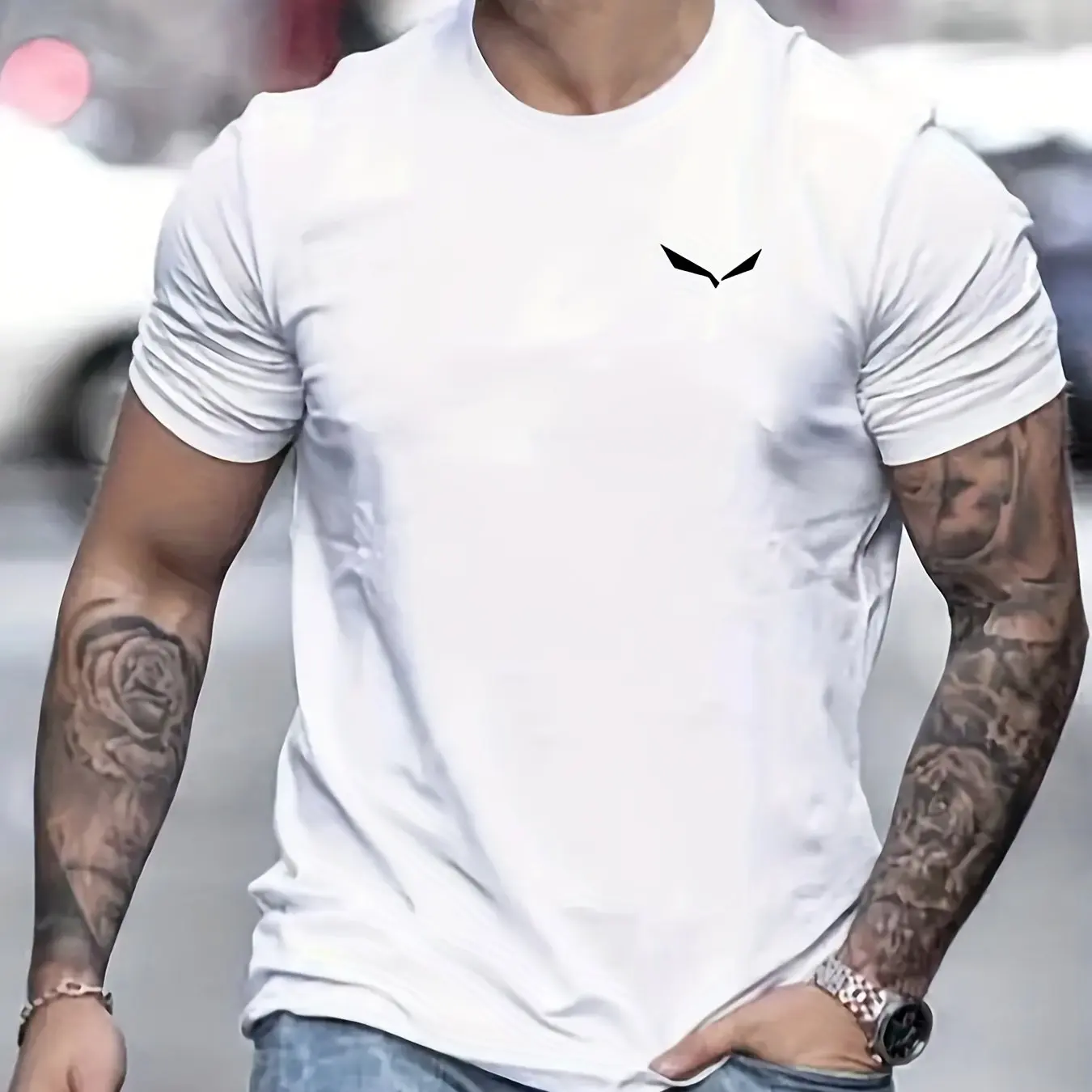 Camiseta de manga corta con cuello redondo informal ajustada con estampado de aves 100% algodón de talla grande de verano para hombre