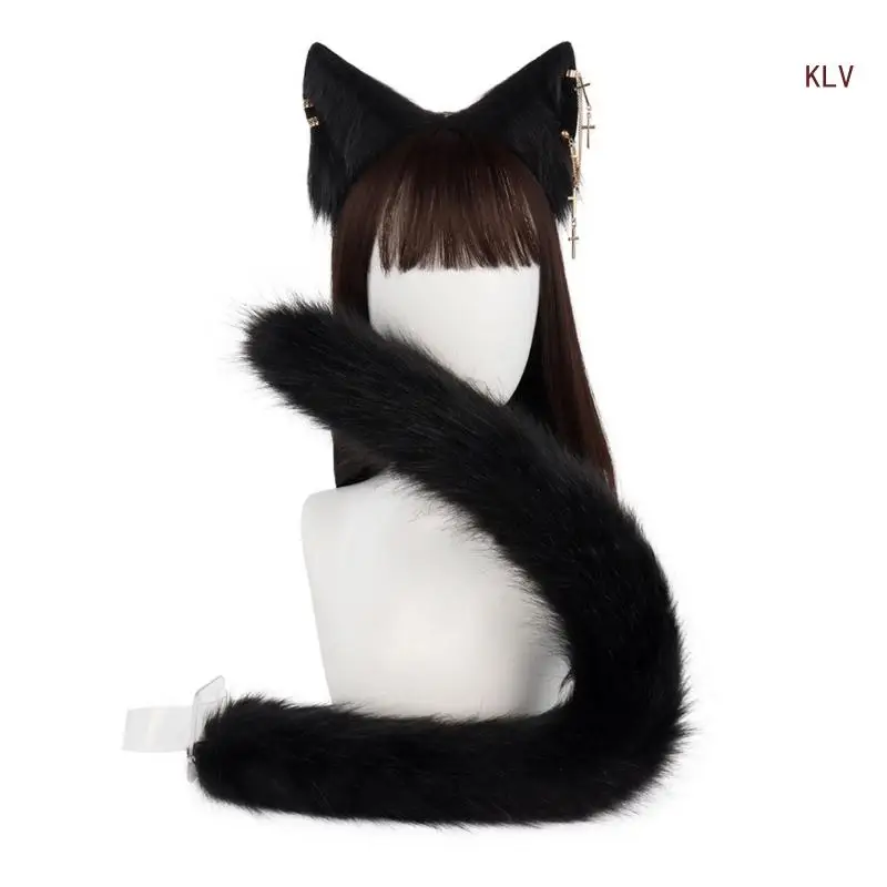 Ręcznie robione pluszowe lisy opaska uszami kota i ogon ze sztucznego futra na Halloween na imprezę Cosplay akcesoria do 6XDA