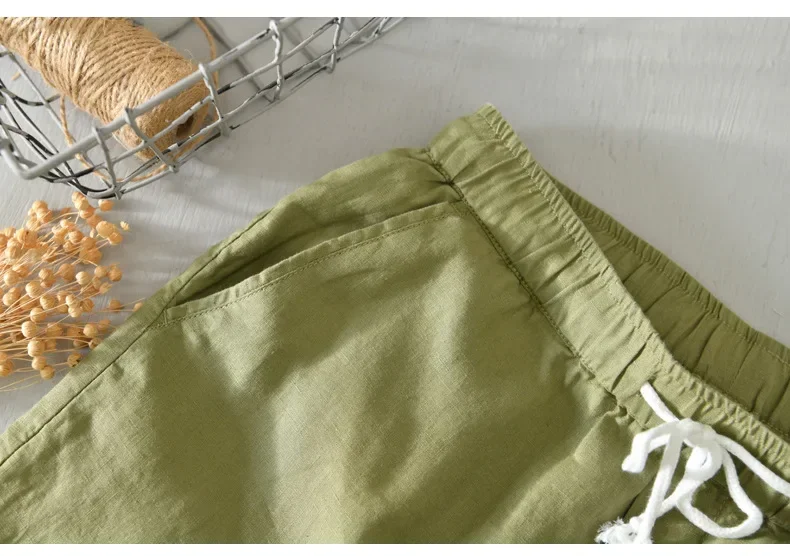 

Летние мужские брюки для пляжа, 100% льняные, с эластичным поясом на шнурке, свободные, зеленые, дышащие, простые мужские брюки-капри