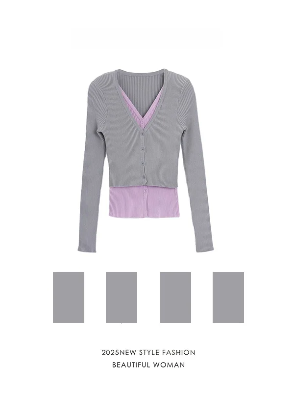 

Ретро-свитер с цветными вставками, длинный вязаный кардиган для женщин, имитация двухслойного свитера, повседневный, осенний, новинка