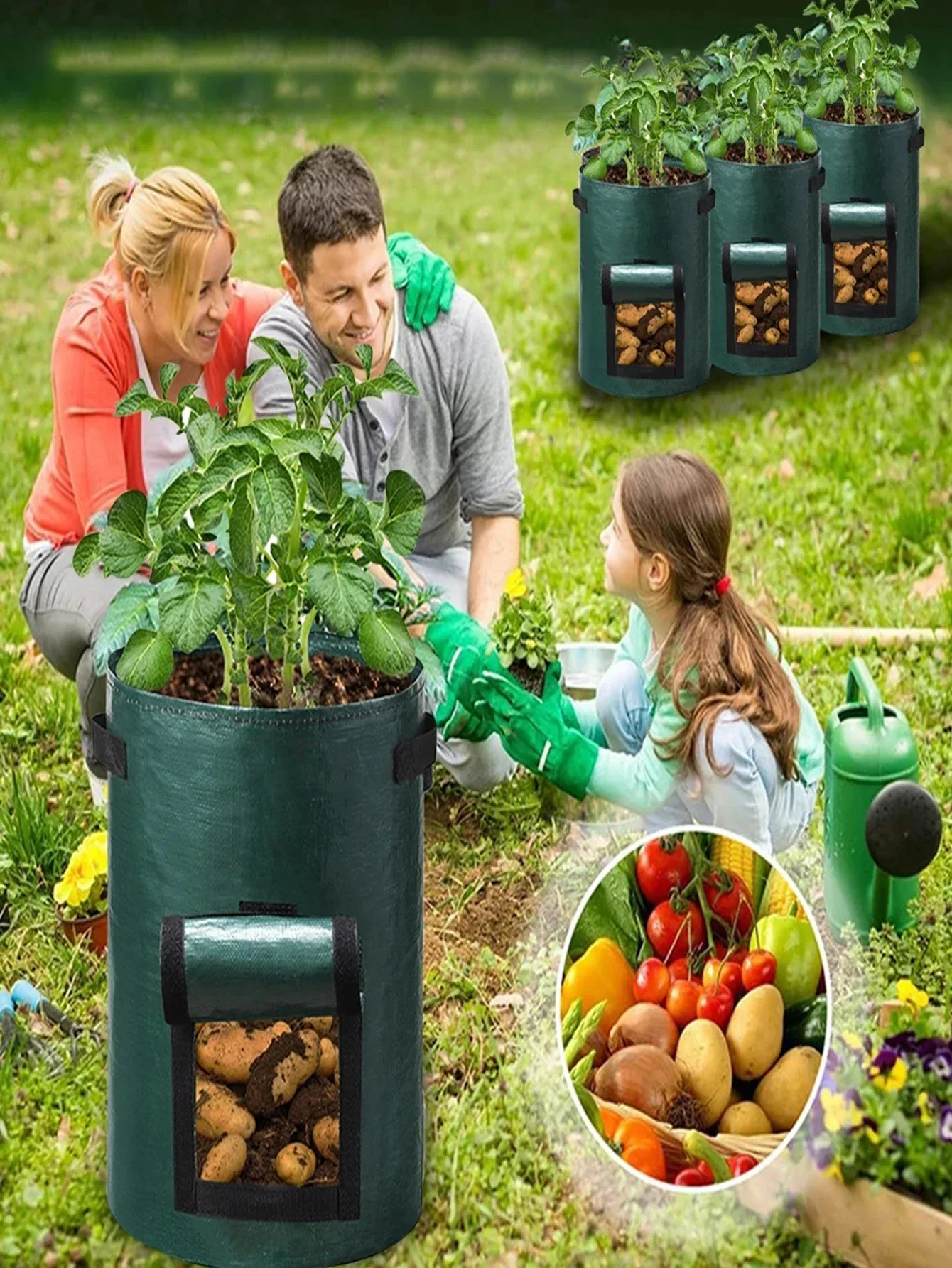 Immagine 6: Set di 5 Sacchi per Coltivazione di Piante e Verdure, Contenitori per Piantare, Vasi da Giardino Rinforzati, Sacchi per Coltivazione Patate Fai-da-Te in Tessuto PE