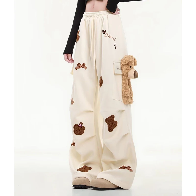 Amerikanische Vintage Nette Bär Jogginghose Frauen Stickerei 3D Schöne Hose Hohe Taille Schwarz Harajuku Y2K Jazz Breite Bein Hosen