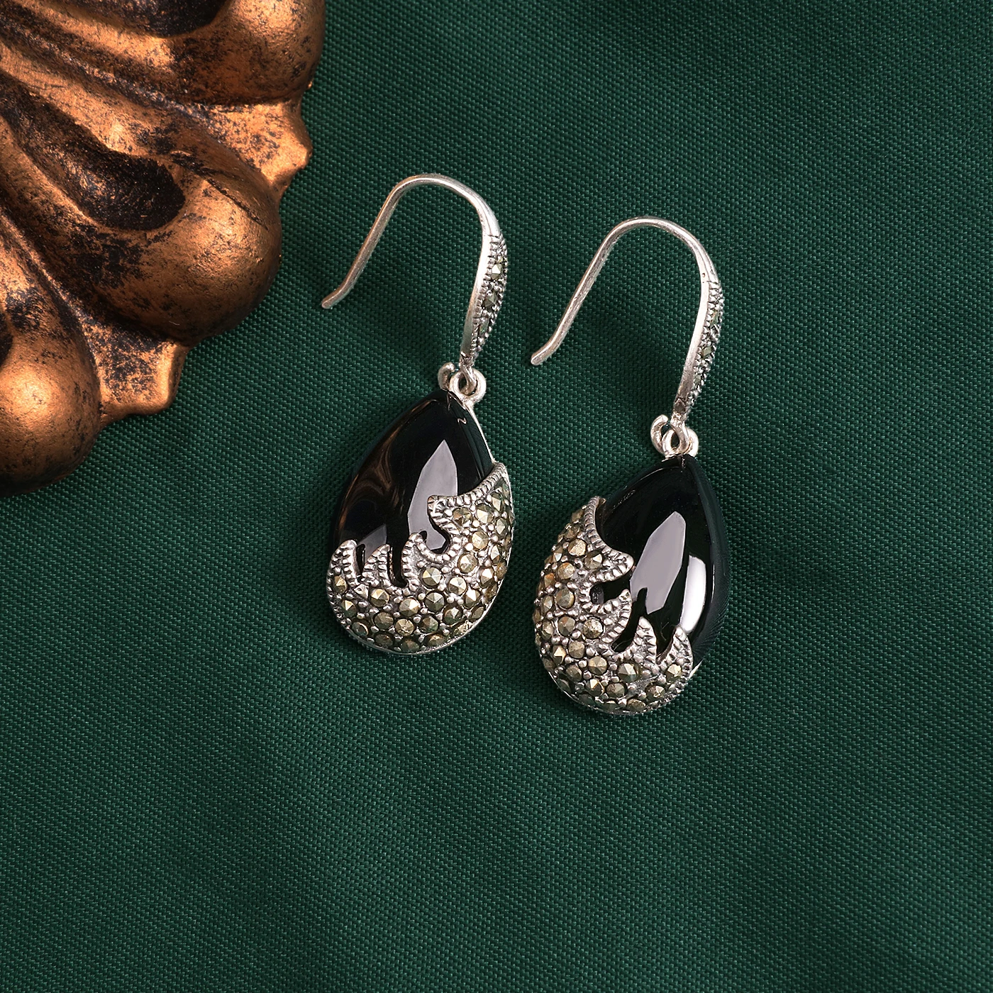  ﻿ ﻿ YYSuniee Thai Silver Solid 925 Sterling Silver Black Onyx Agate Green chalcedony  Drop Dangel Earrings for Women Gift