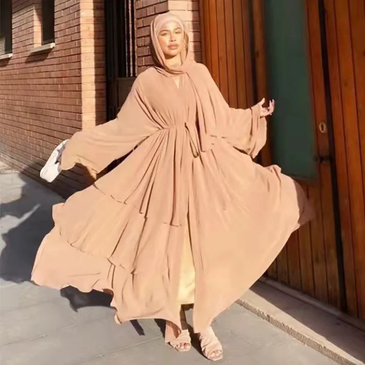 Fashion Stitching Muslim Dress Women Three-Layer Chiffon Elegant Abaya Ramadan Cardigan Hijab Marocain Dress Robe