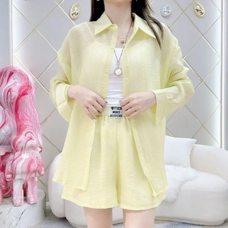 

The New Summer Thin Fashionable Sexy Loose and Versatile Three-piece Set Sun-protective Shirt Strappy Shorts Fashion Personality