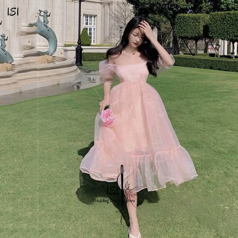 ISI Elegantes Rosa A-Linien Korea Hochzeits-Fotoshooting-Kleid Schulterfreies Kurzarm-Abendkleid Wadenlange Partykleid