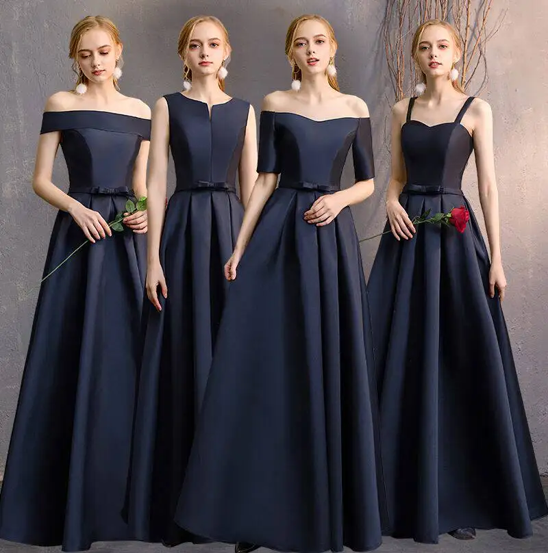 Customized Dark Blue Satin Bridesmaid Dress Sweet Memory Elegant Women Prom Gown A-Line Floor Length Party Dresses Long
