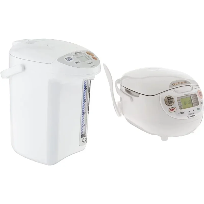 Zojirushi Micom Water Boiler and Warmer, 169 oz/5.0 L, White & NS-ZCC10 Neuro Fuzzy Rice Cooker, 5.5-Cup, White