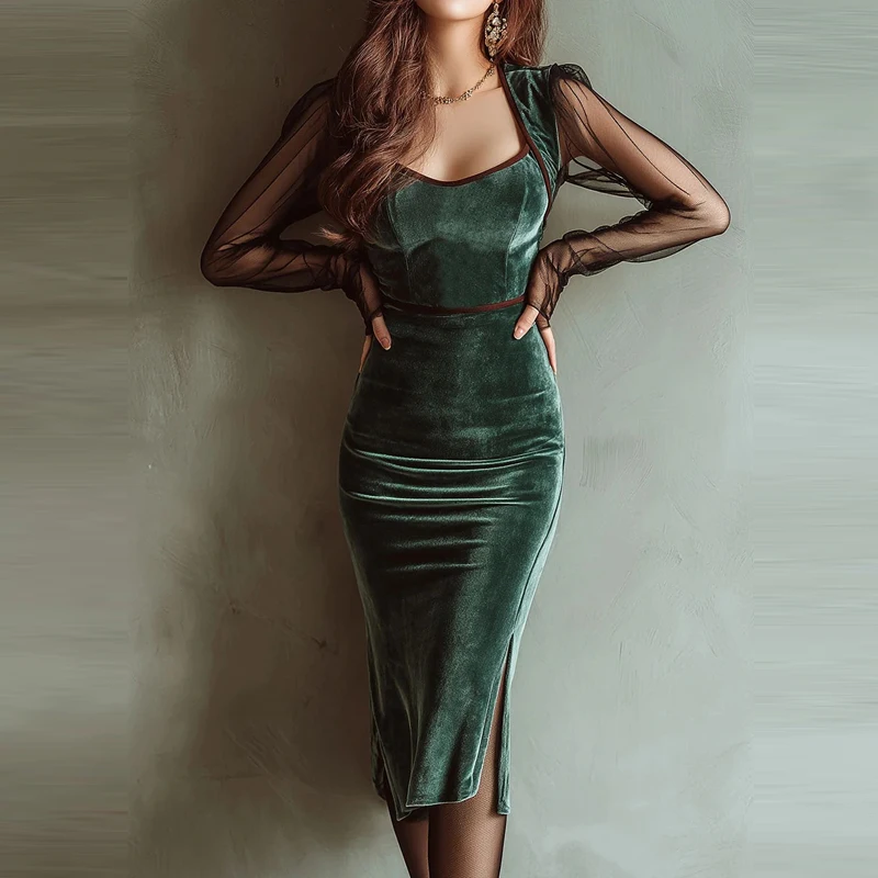 Sexy Mesh Long Sleeve Pleat Midi Dress Fashion Color-blocking Splicing Slim Skinny Dress Elegant V-neck Hight Waist Party Dress
