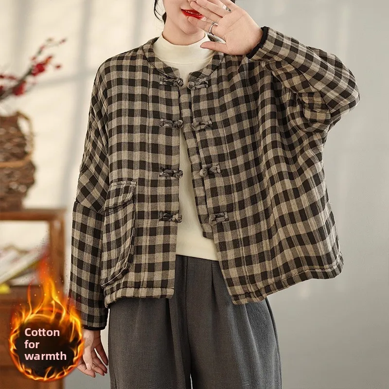 

Retro New Chinese Sle Buttoned Collar Cotton Jaet Women's Winter Thiened Loose Warm Plaid Outerwear Long Sve