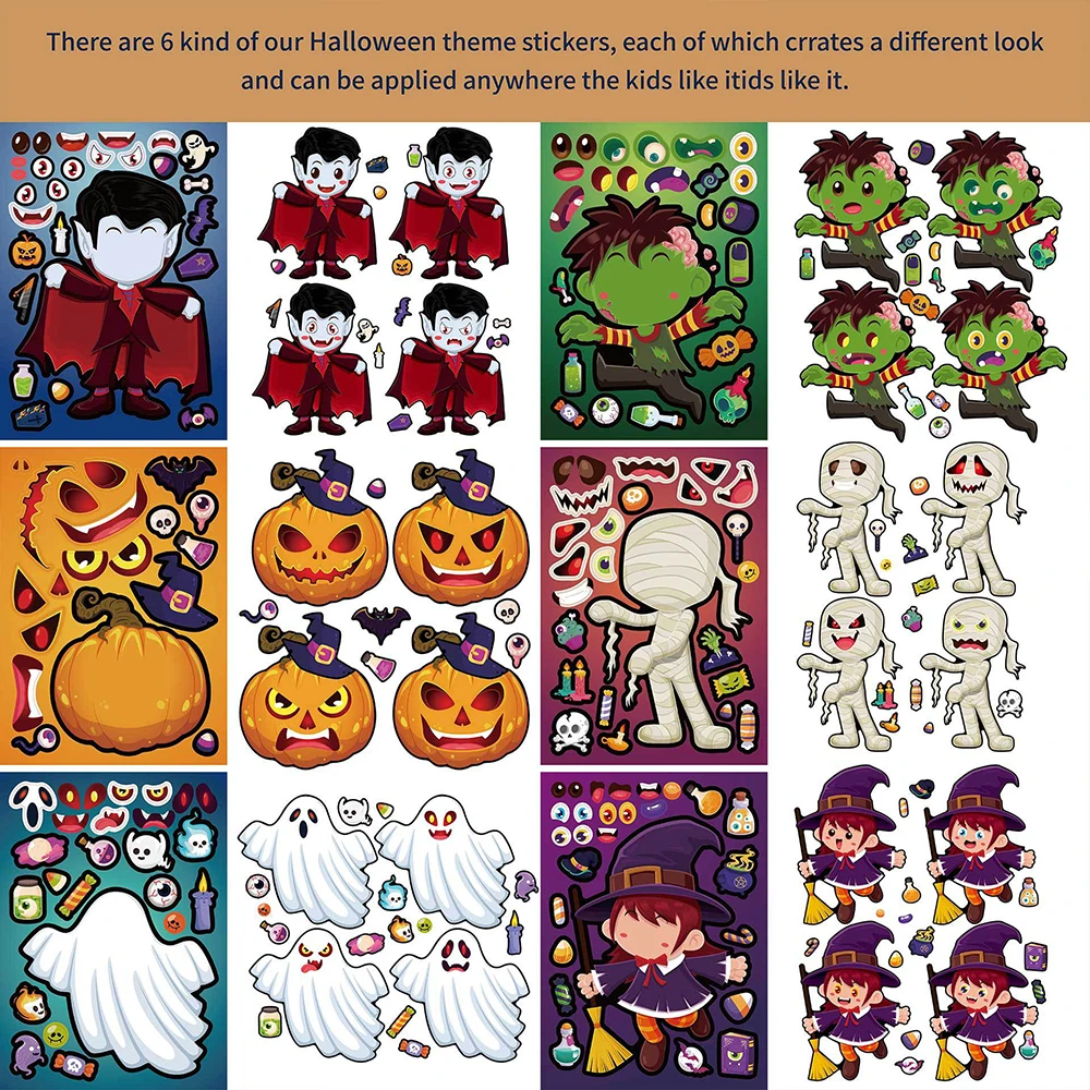 6/12Sheets Make a Face Halloween Puzzle Sticker Toy DIY Pumpkin Ghost Assemble Jigsaw Kids Educational Game Children Party Favor