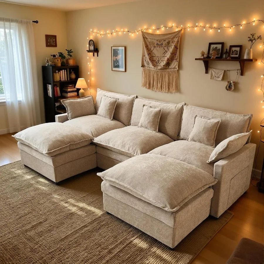 108'' U Shaped Cloud Couch, 3-Seater Sofa with 2 Ottoman