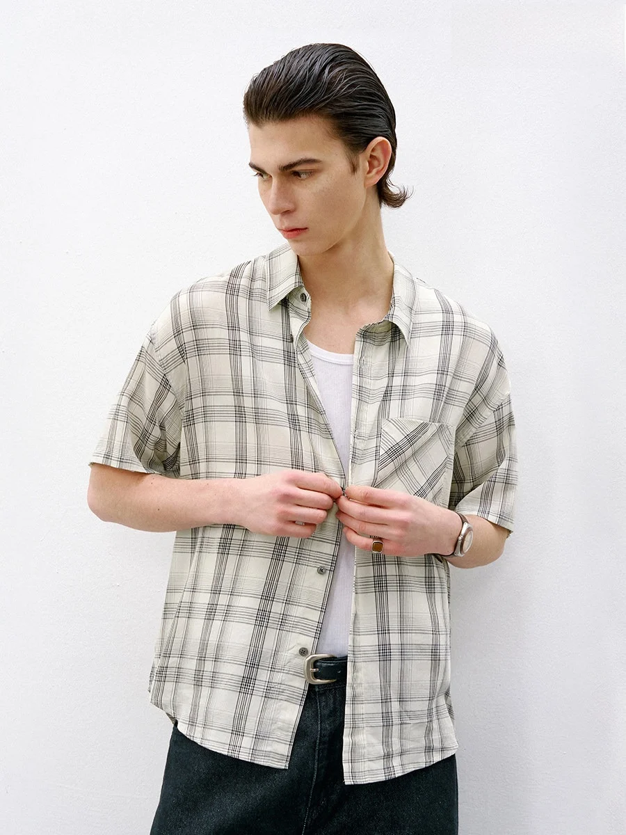 Lightweight Breathable Men's Plaid Shirt 714street Casual Short Sleeve Rylee Summer 2026 Standard Fit Japanese Style Thin Fabric