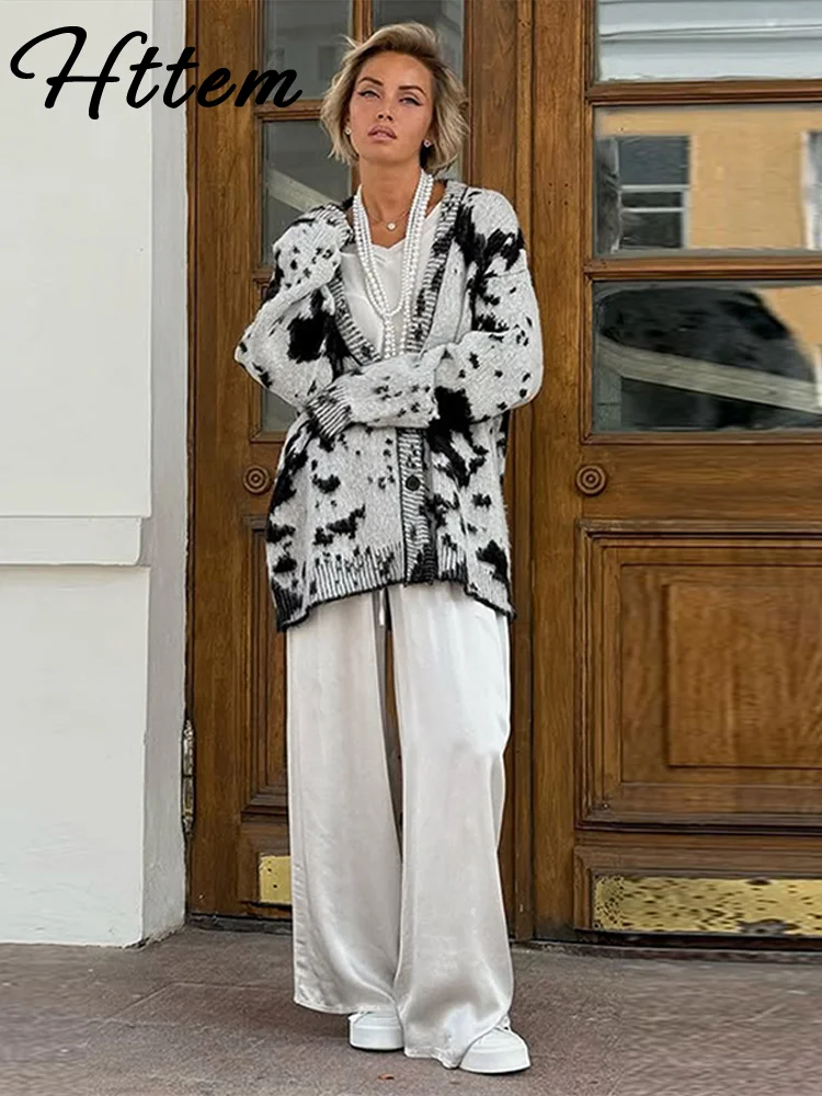 

Шикарный женский вязаный кардиган с принтом, однобортный женский трикотаж с длинными рукавами и v-образным вырезом, осень 202, повседневная женская уличная одежда