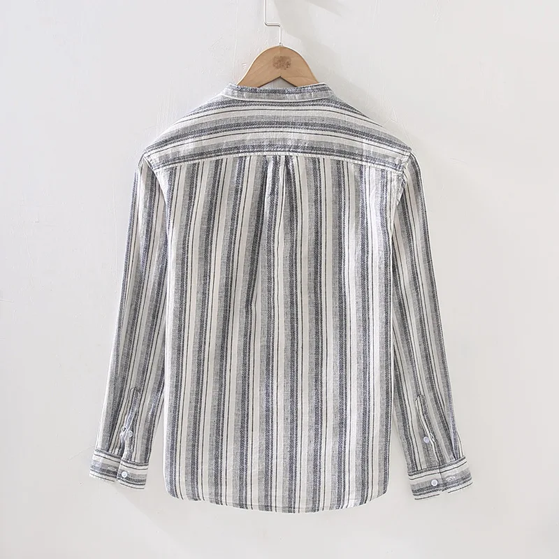 Camisa a rayas de lino y algodón 1046 para hombre, Blusa de manga larga con cuello levantado, informal, para negocios y uso diario, a la moda, primavera y otoño