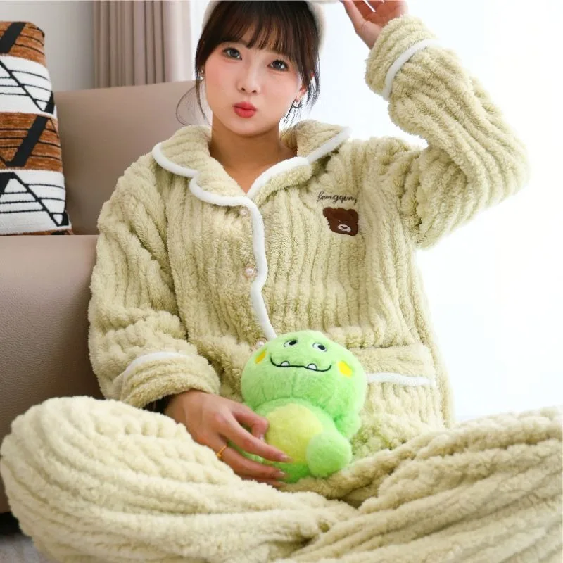 2024 New Coral Velvet Pajamas Women Autumn Winter Loungewear Long Sleeved Thickened Sleepwear Plush Warm Flannel Homewear Set