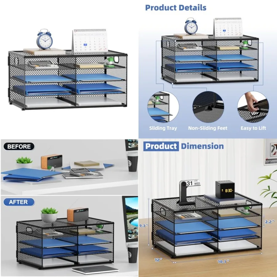 

8 Compartments Paper Organizer for Desk, Mesh Literature Organizer, Mail File Sorter Tray with Handle, Desktop Mailbox for Offi