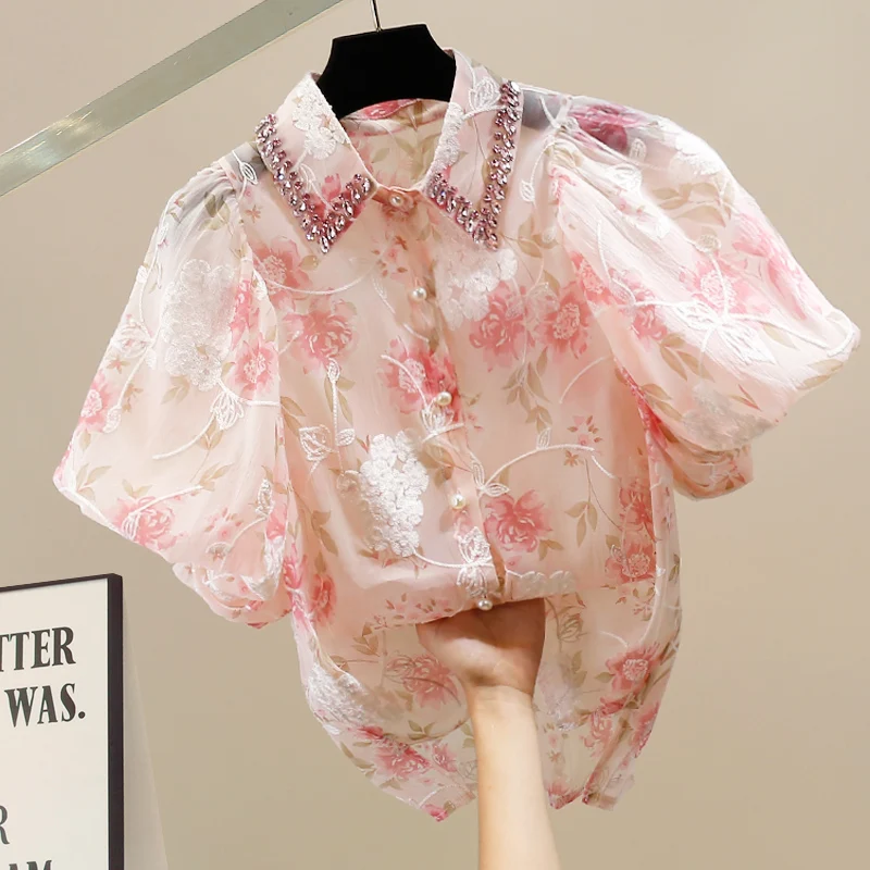 

New Faion Heavy Embellied Zipper Bubble Sve irt Design Loose Versatile Top with Floral Print Ele Aosphere