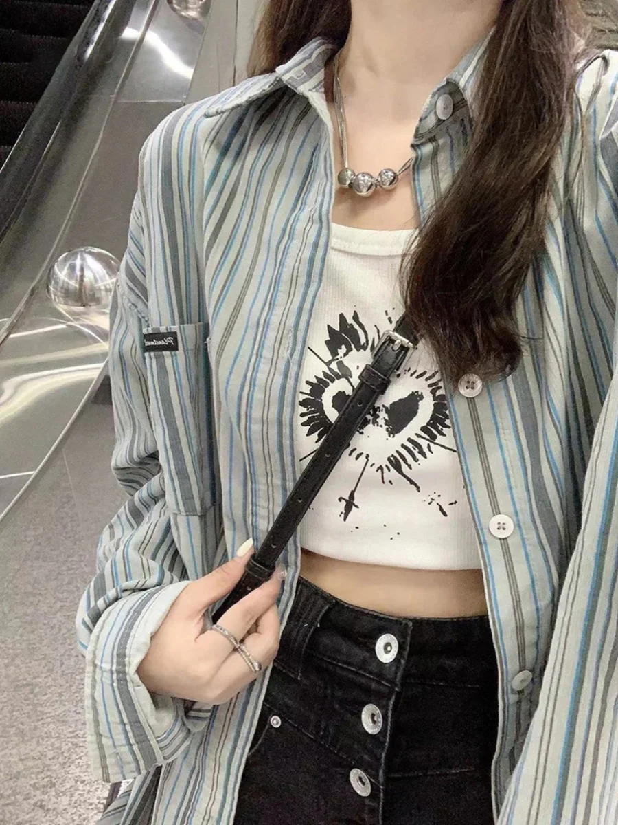 

Корейская полосатая длинная све irt Jaet, женская осень 202, новая свободная повседневная блузка средней длины, открытый кардиган, топ