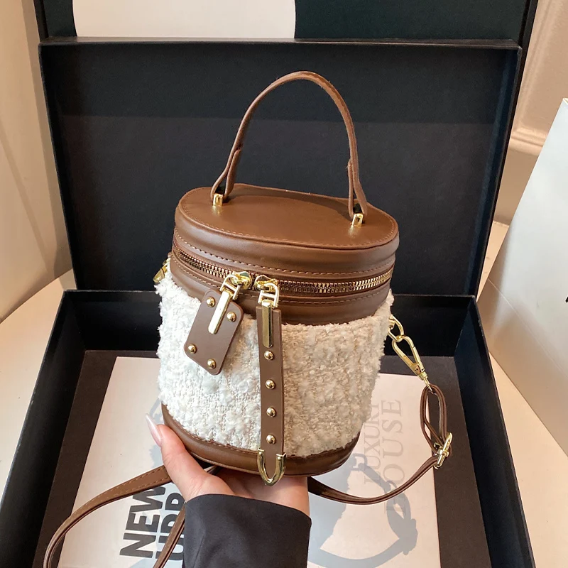 

New Mini Smalll Bag Women Designer Lamb Woolen Handbag Luxury Brand Shoulder Tote Lady Fashion Bucket Crossbody Bag Zipper Purse