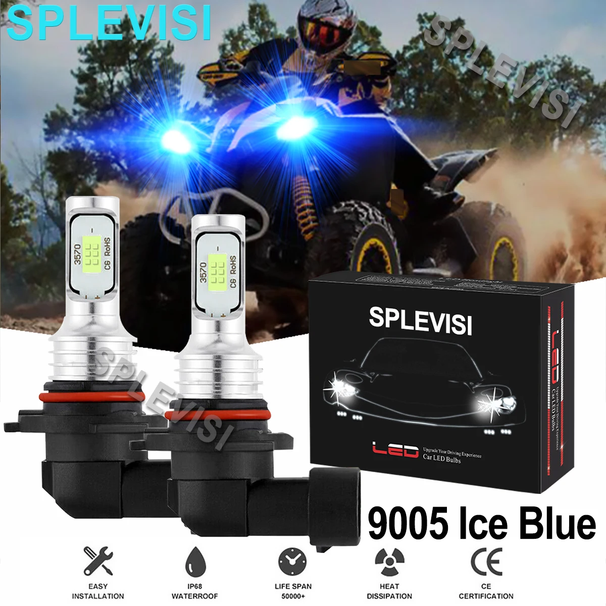 

2x70W 8000K Ice Blue LED 9005 HB3 Headlights Kit For Can-Am Renegade 1000 800 800R 650 500