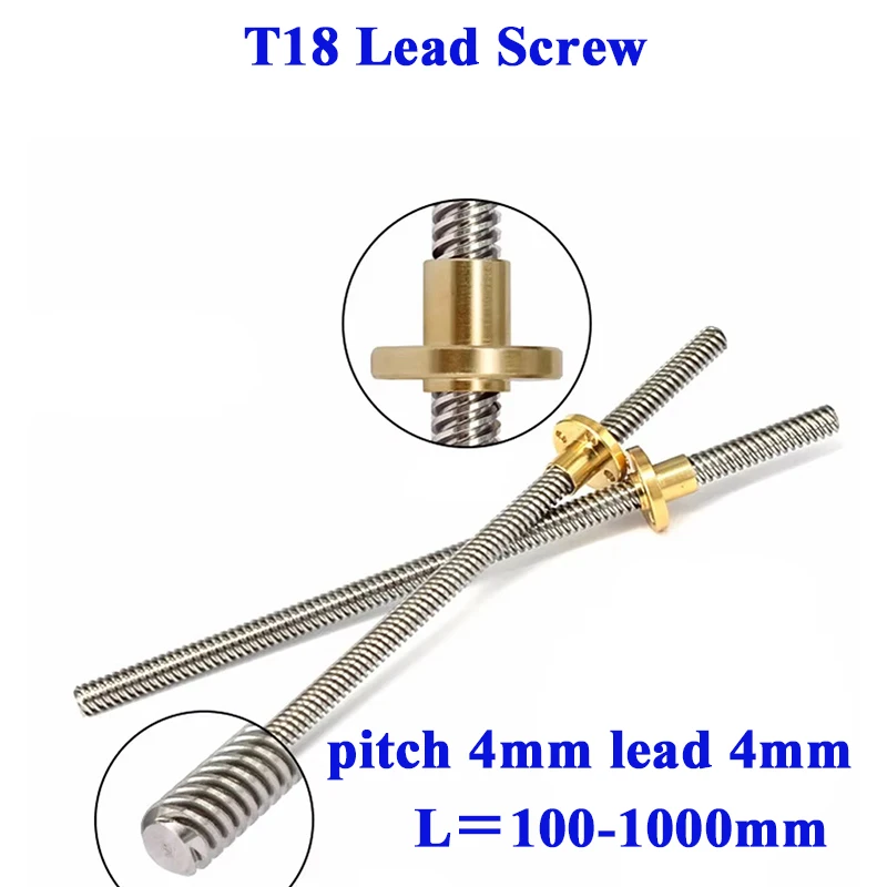 

T18 Lead Screw 304 Stainless Steel Trapezoidal Rod Thread 18mm pitch 4mm lead 4mm With Brass Nut L＝100-1000mm for 3D CNC Parts