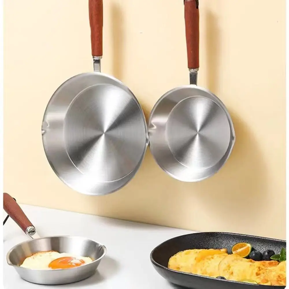 Flat Bottom Stainless Steel Frying Pan Wooden Handle Oven Safe Omelette Pan 12/16cm Small Cooking Pan Kitchen Cookware