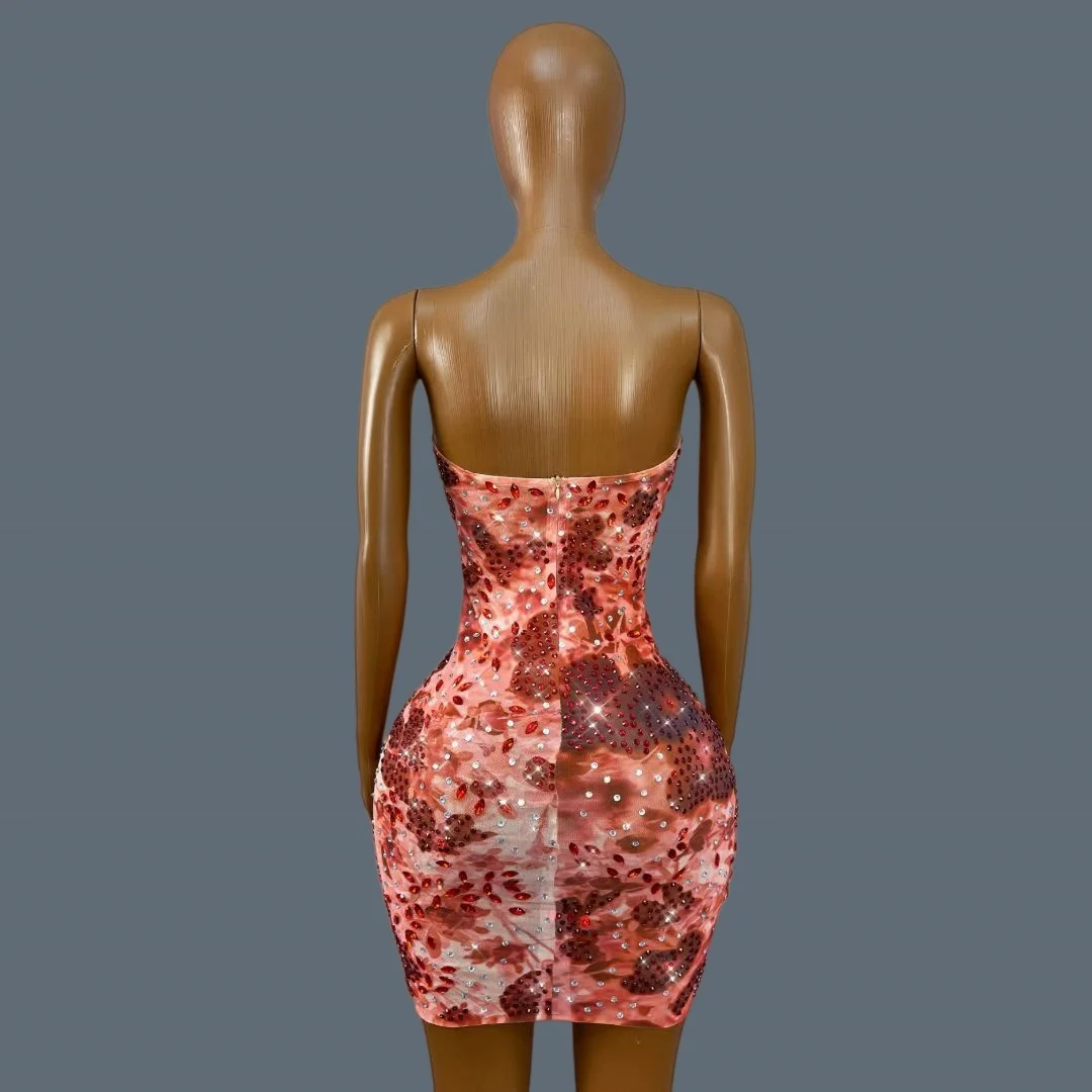 Sexy Women Strapless Strap Floral Print Mini Dress Sparkly Rhinestone Luxury Bodycon Club Stage Outfit Cocktail Dress Meihong