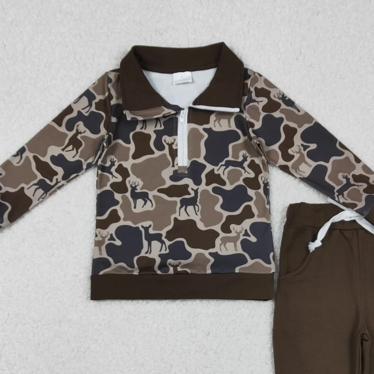 طفل الفتيان الغزلان كامو الرمز البريدي السترة مع جيوب طويلة الأكمام البني ركض السراويل مجموعة للصيد #2