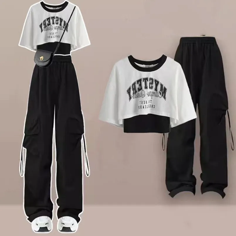 2024 Summer Sweet Cool Set Women's Korean Version Spicy Girl Short Sleeved T-shirt+suspender+wide Leg Pants Three Piece Set