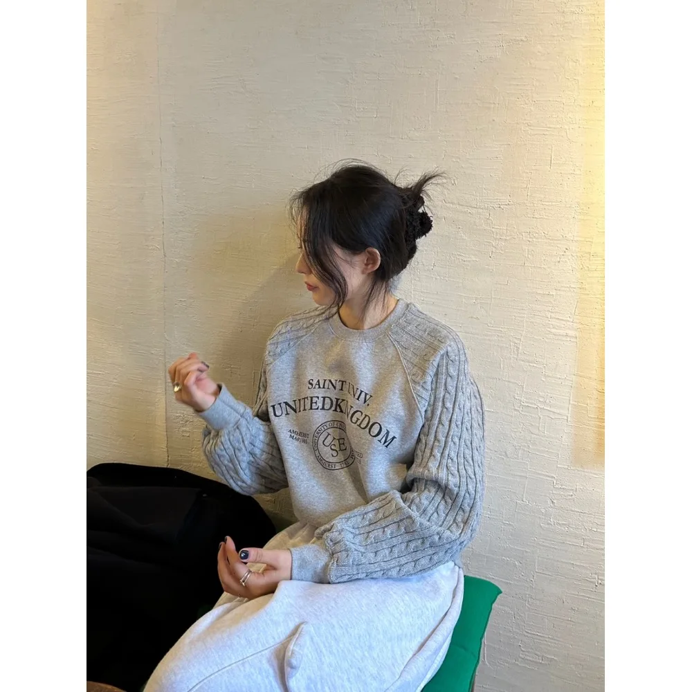 

Весна 2026: Женский вязаный худи-пуловер с буквенным принтом, осенне-зимний дизайн, уникальный, имитация двухслойности, свободный крой, хлопок