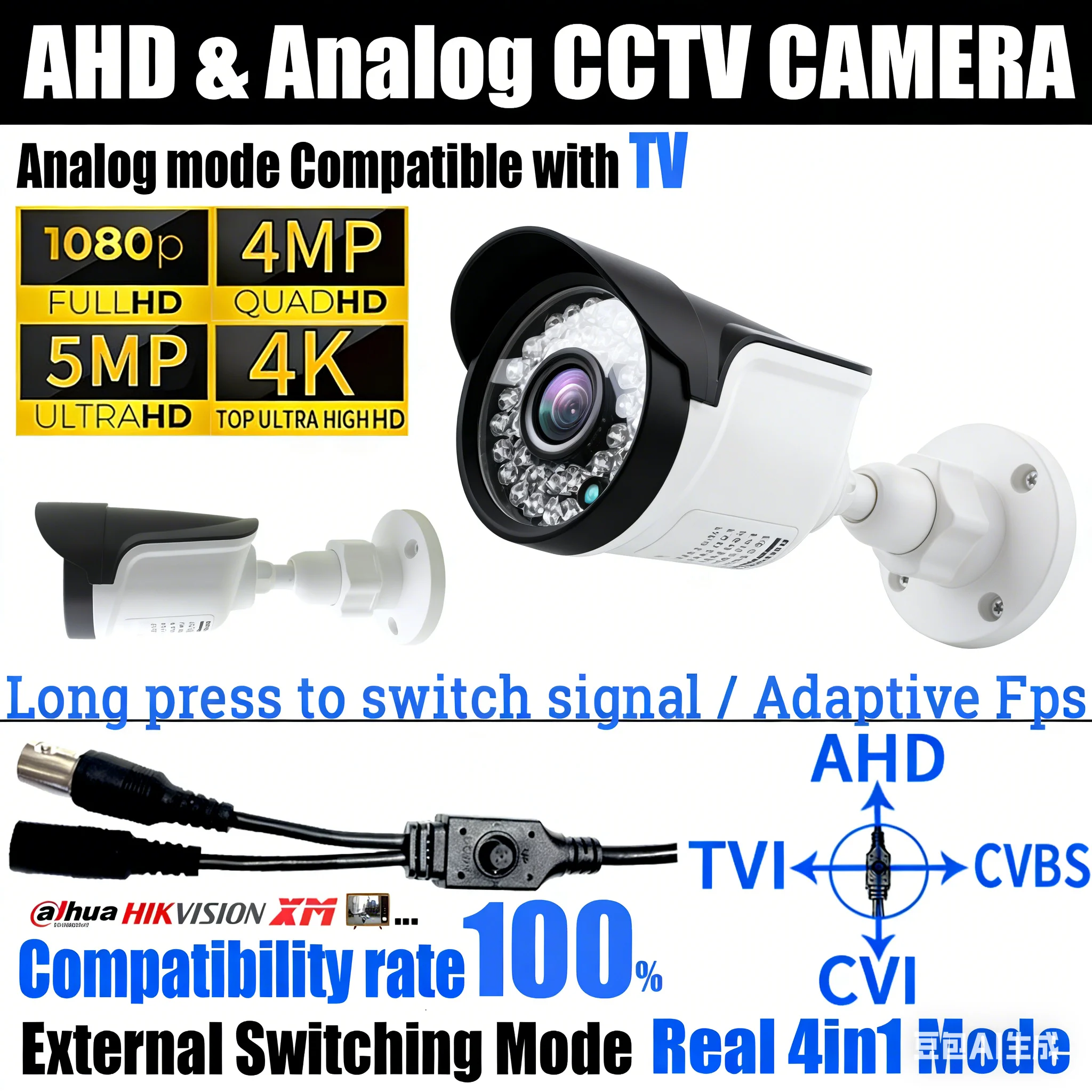 

8MP 4MP 5MP 1920*1080P Ultra HD CCTV AHD камера 4в1 100% совместимость TVI/CVI/аналоговый экранный переключатель 36LED водонепроницаемый внутри/наружный 2.