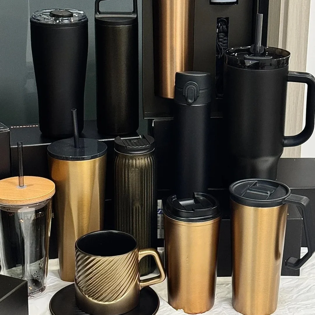 

New 2025 Bk Gold-Plated Series Trend Retro Black Stainless Steel Mug Men'S Gift Straw Ceramic Mark Insulated Cup Christmas Gift