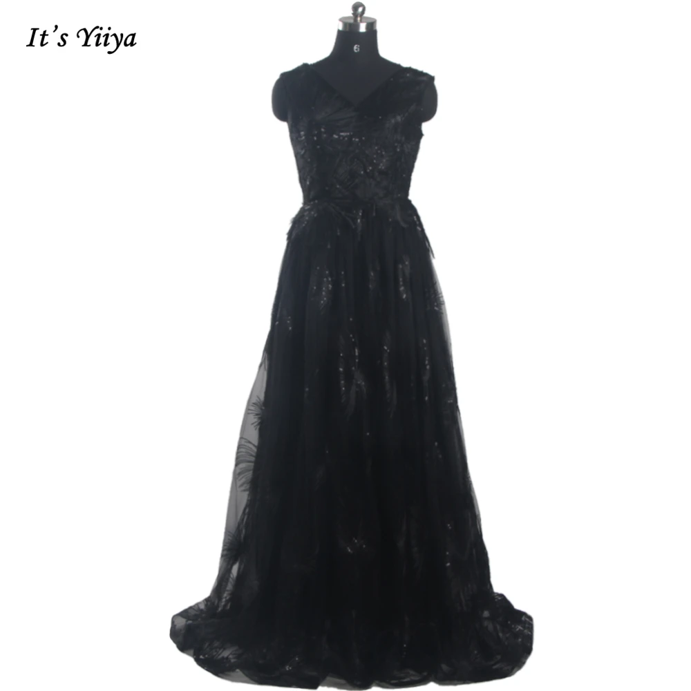 

Evening Dresses Black Sequins Bling Beading V-neck Sleeveless Lace up A-line Pleat Floor Length Plus size Lady Party Dress R1323