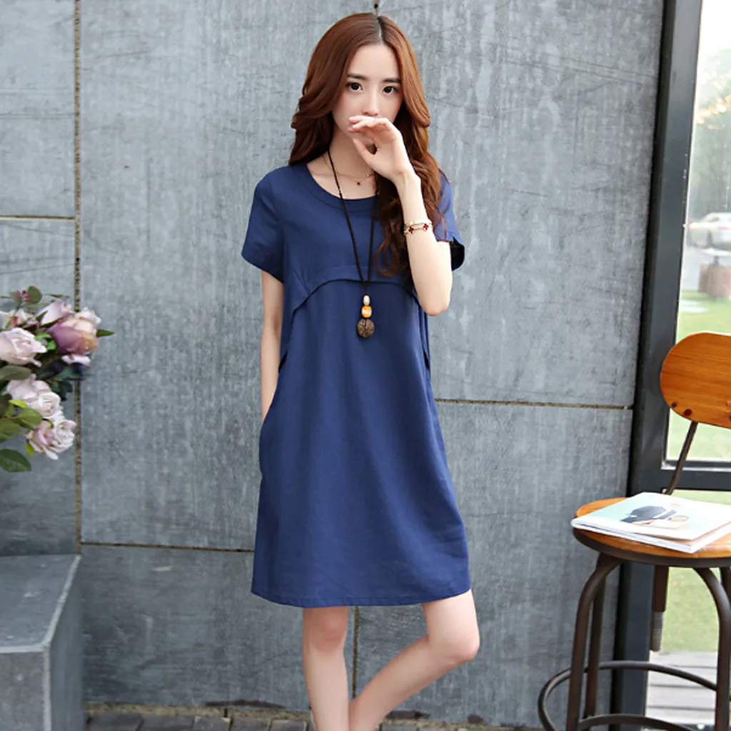 

Women Dress Cotton O-Neck Solid Thin Short-Sleeved Loose Waist Dress Feminino Robe Female Luxury Vestido Para Mujer