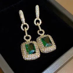 Huitan Bling Bling Gold Color Earrings with Green Cubic Zirconia Luxury Accessories for Women Wedding Party Temperament Jewelry