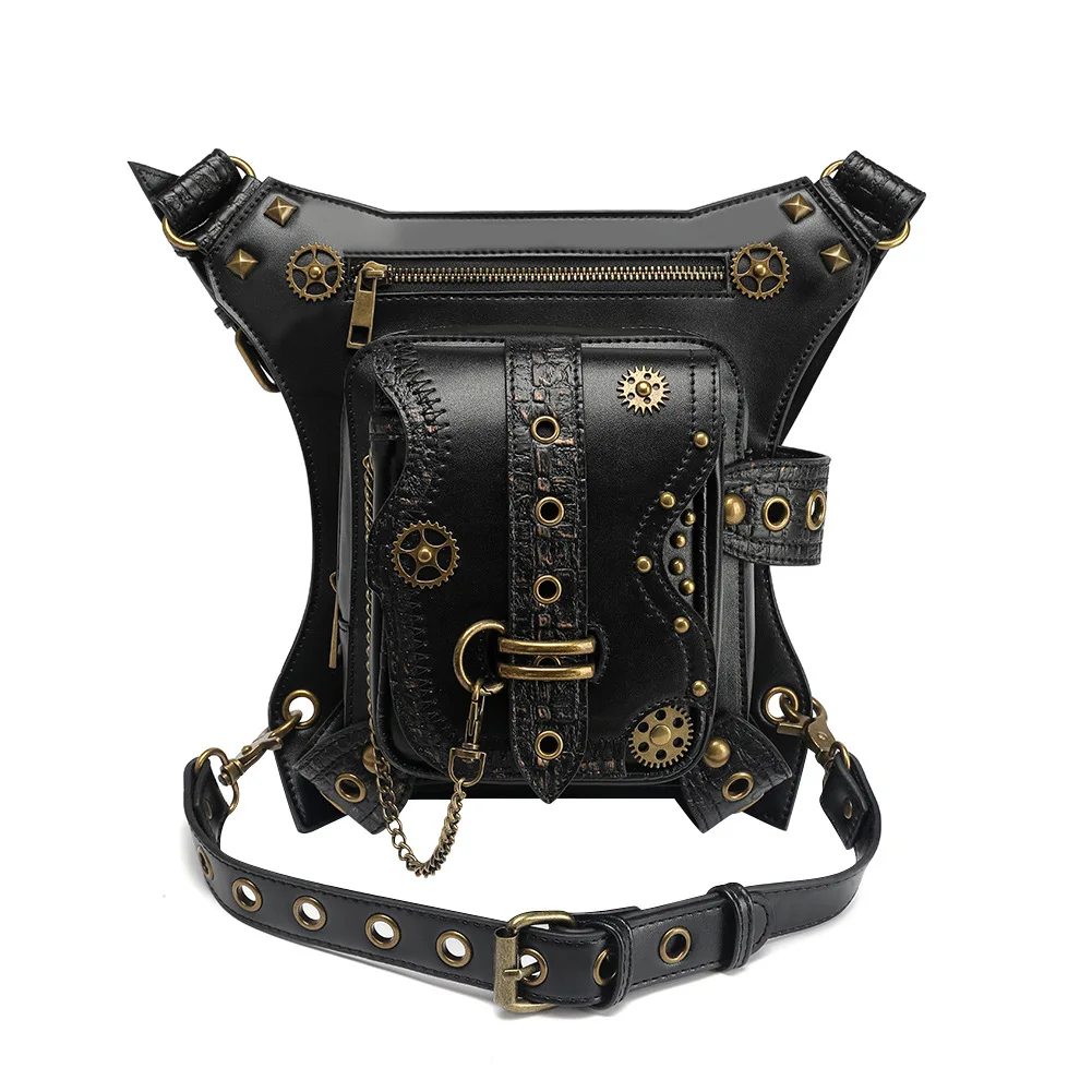 Unisex Medieval Leather Rivet Drop Leg Bag Gothic Waist Bag Fanny Pack Leather Steampunk Crossbody Shoulder Bags Viking Knight