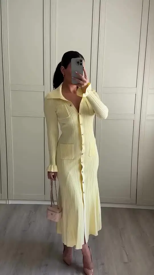 knitted ruffle breasted dress Chic Yellow With Flared Ruffles For Autumn Winter 2024! length: midi