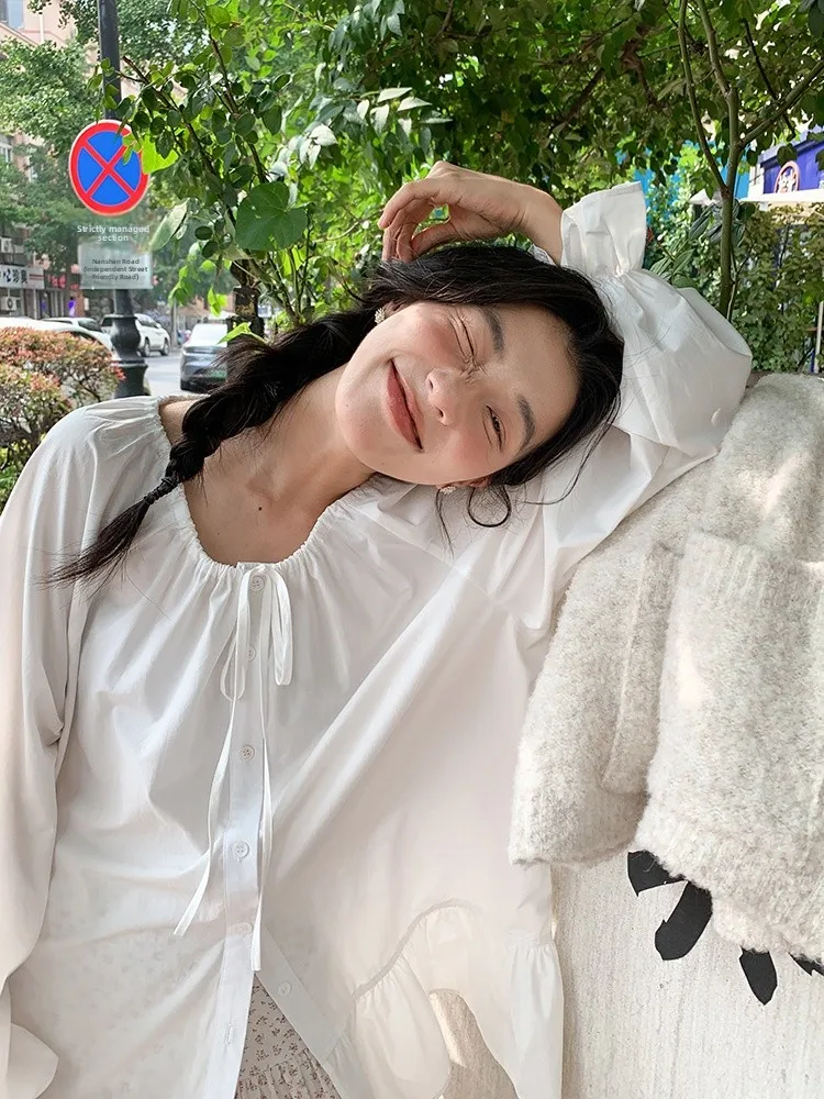 

Свободная женская блузка на пуговицах с завязками на талии, белая, весна 2026, новая, простая, модная, с длинным рукавом, повседневный топ для женщин