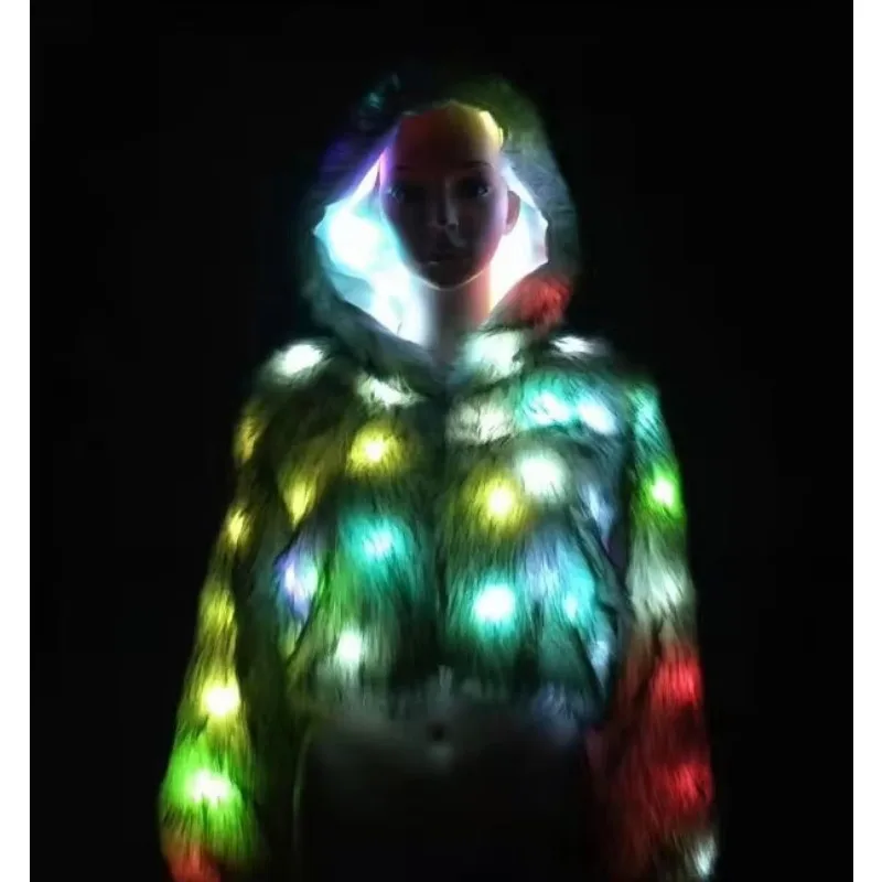 Hot Selling Luminous Faux Fur Jacket LED Stage Performance Fashionable Women's Short Style Luminous Coat Costumes
