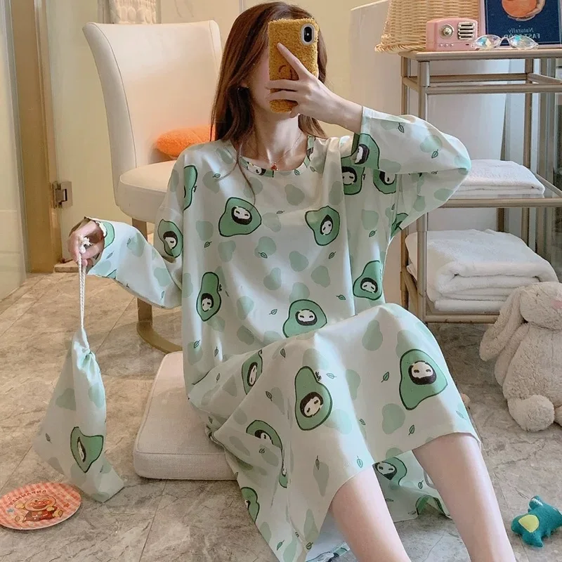 Four Seasons Pregnant Woman Long-Sleeved Nightgown Loose Homewear Casual Plus Size Maternity Pajamas O-Neck Floral Soft Monthly