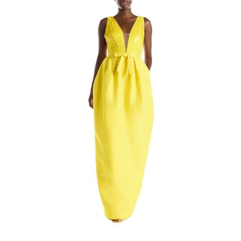 MULONG New V Neck Yellow Party Dresses A Line Sleeveless Black Girl Women's Ball Gown Long  Evening Dress For Prom With Bow