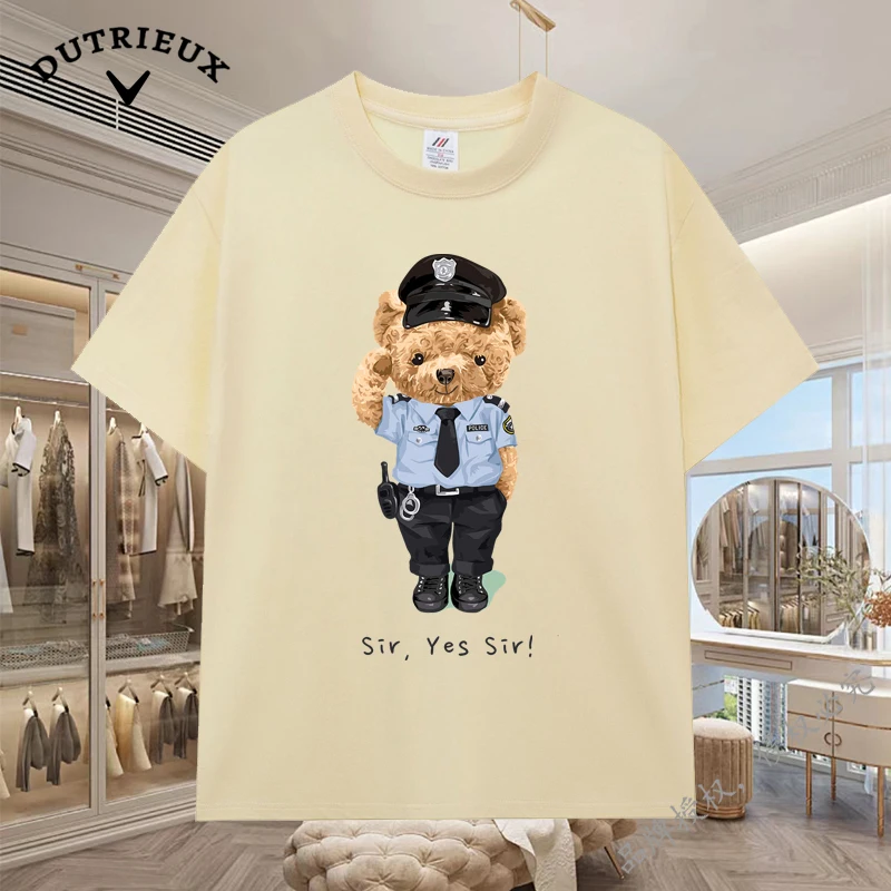 2024 New Luxury Bear Short Sleeved Men's and Women's Loose 230g Fabric weight Cotton Versatile Round Neck Breathable Inner Layup