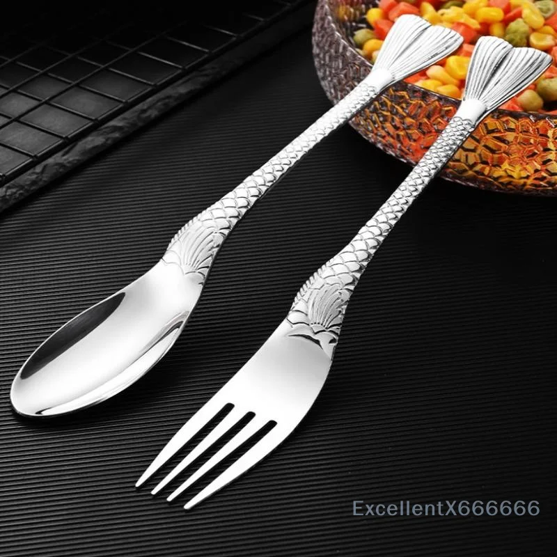 

2 Pcs Stainless Steel Creative Fish Tail Dining Spoon Fork Eating Spoon Face Children'S Fork Dessert Fruit Fork Dinnerware Set